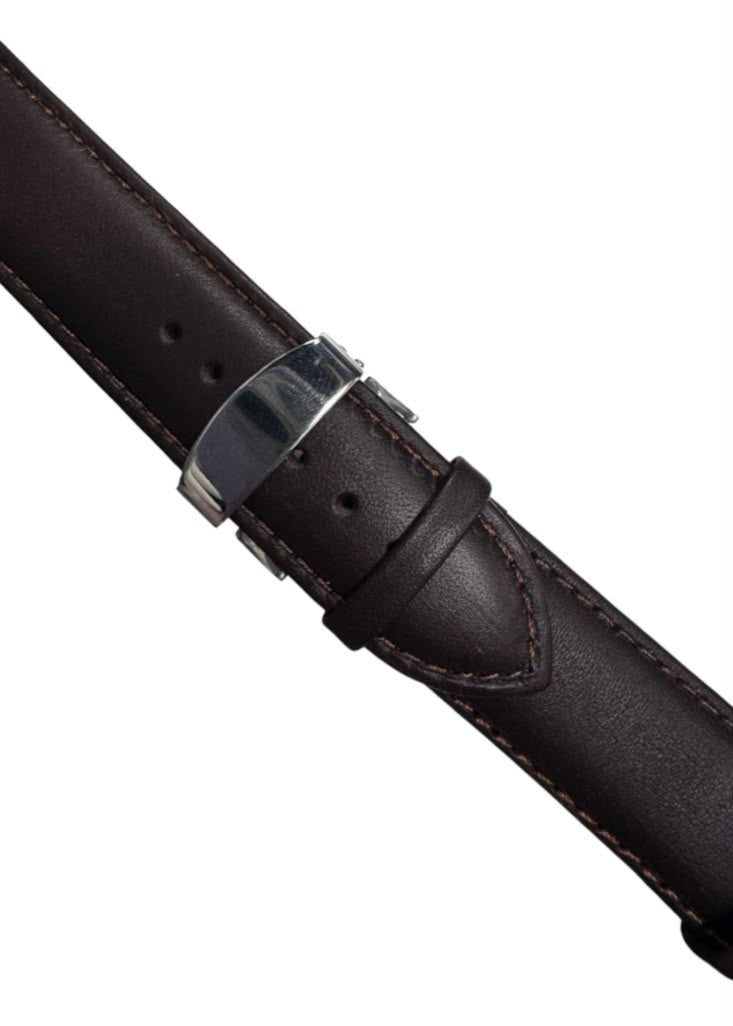 24MM Brown Genuine Leather stitched Padded Watch Band With Deployment Buckle