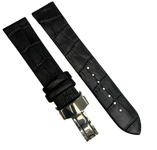 18mm Black WatchBand Alligator Grain Deployment Clasp Fits Omega/Longines/Tissot