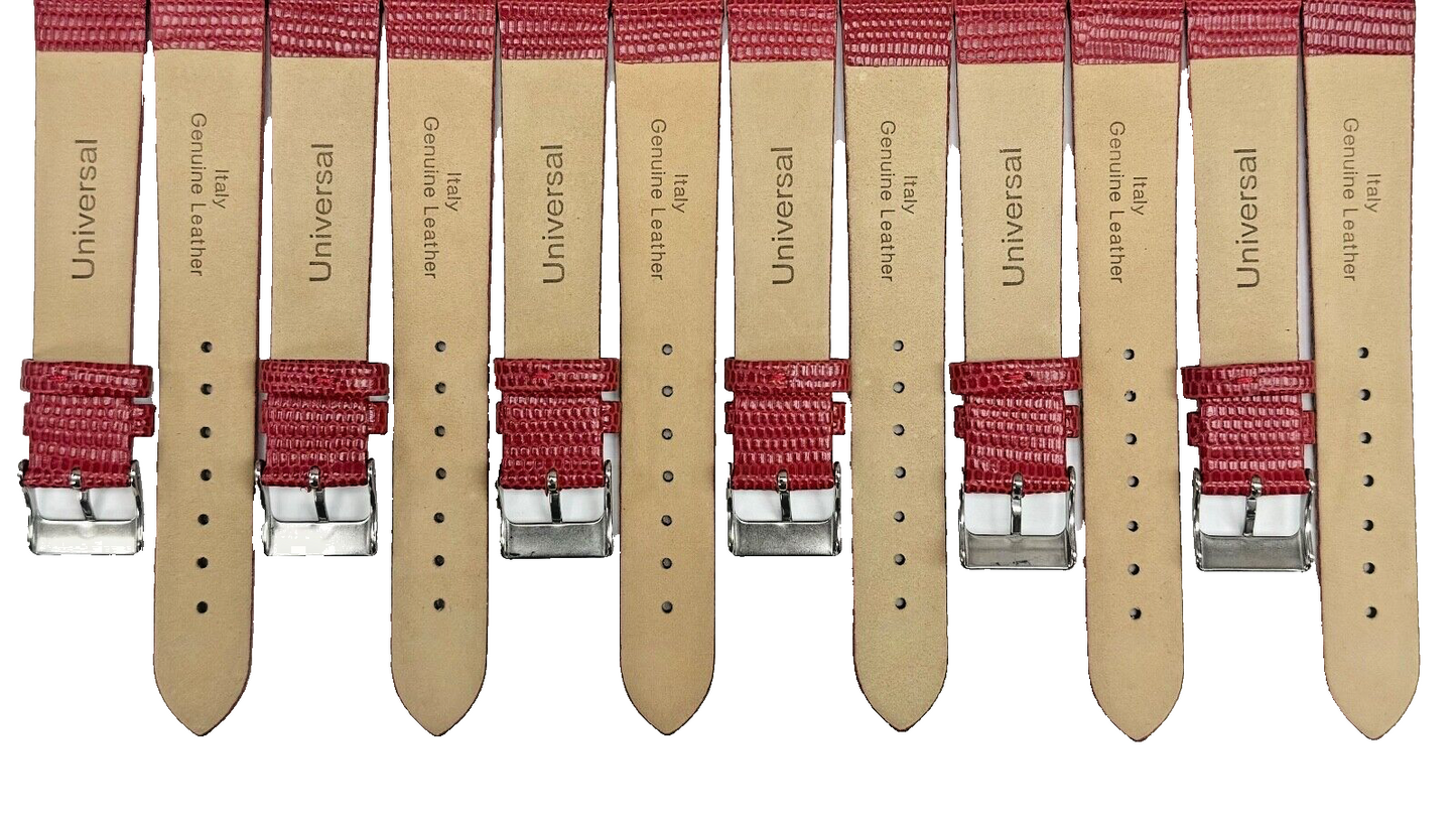 Lot of 6 Watch Band Genuine Leather RED Lizard Grain Flat 16MM