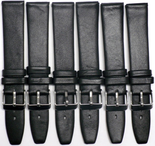 12 MM Black Genuine Leather Slim Flat Watch Band, Lot of 6 bands