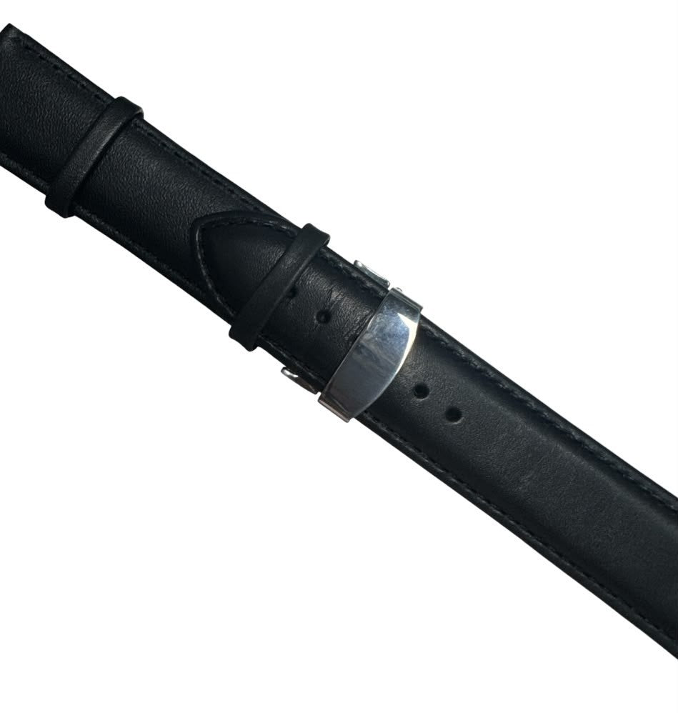 24MM Black Genuine Leather stitched Padded Watch Band With Deployment Buckle