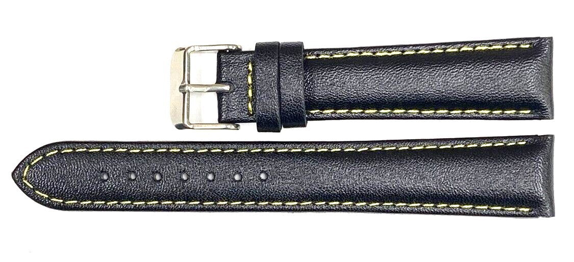 Watch Band Genuine Leather Plain PADDED With Stitches Black Color Of Size 18MM
