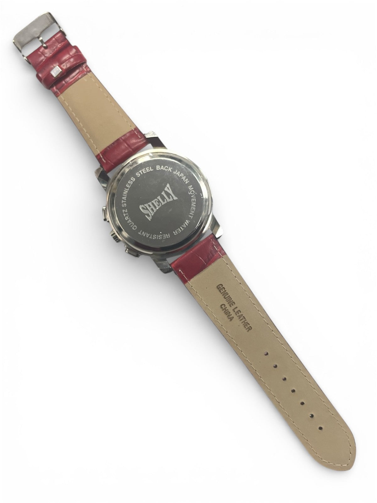 SHELLY round Dial Watch Silver Tone Burgandy Genuine Leather Band Watch
