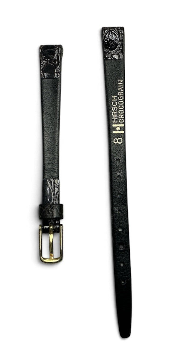 DARK BLACK HIRSCH  VINTAGE GENUINE CROCOGRAIN WATCH BAND  Gold Buckle 8 Mm