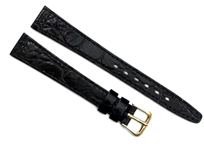 Black 14MM FLAT LEATHER STRAP BAND FOR WATCH Gold Buckle