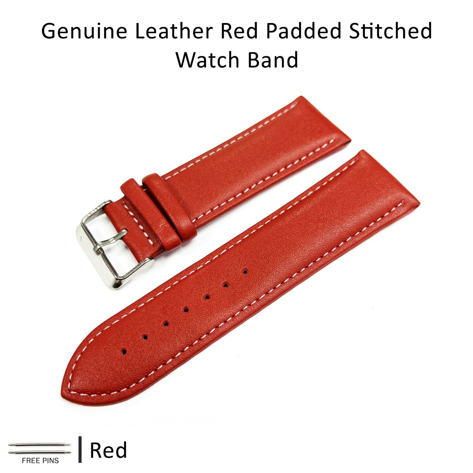 Alligator Leather RED Color Watch Band 16 MM to 22 MM RED/WHITE Stitched