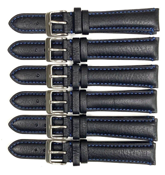Watch Band Genuine Leather Plain PADDED With Stitches Black Color Of Size 18MM