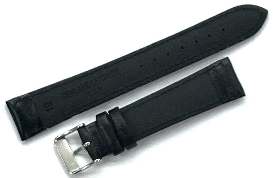 Watch Band Plain Black w/Blue Stitches Genuine Leather Padded 19mm Long