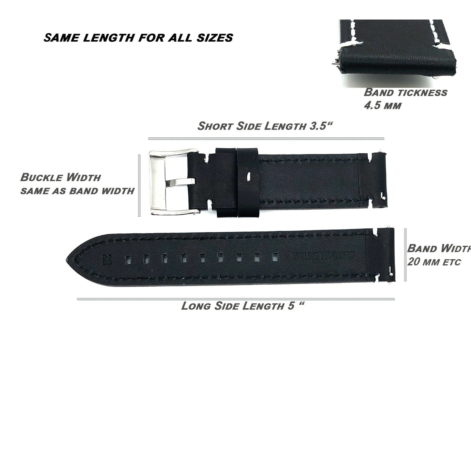 Genuine Leather Flat Watch Band 20 MM to 24 MM With White Stitched