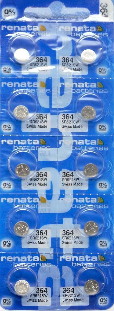 Renata 364 Watch Cell Batteries SR621SW, SWISS MADE, 0% MERCURY (Pack 10)