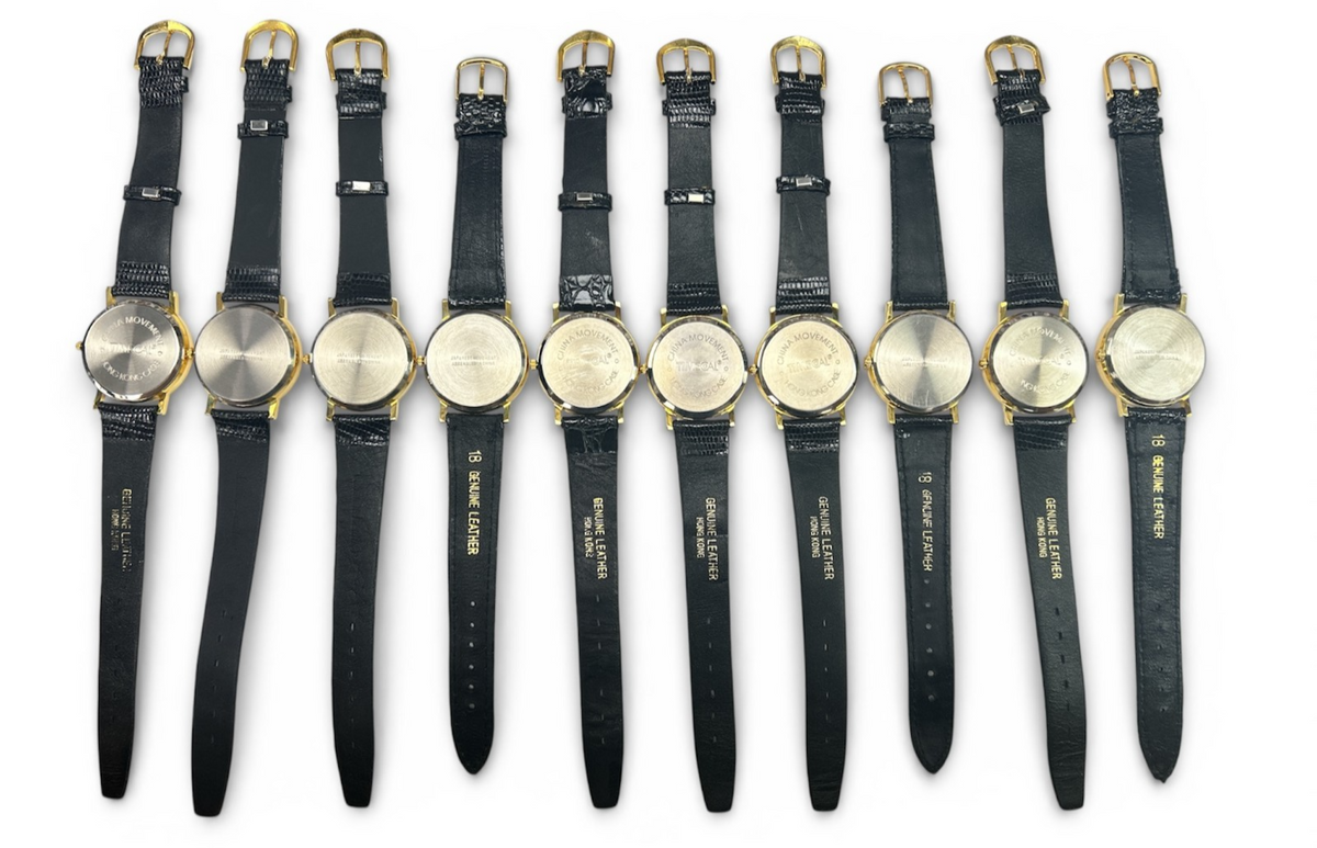 Lot of 10 New Logo Dial Quartz Watches – Gold-Tone Cases, Black Leather Straps