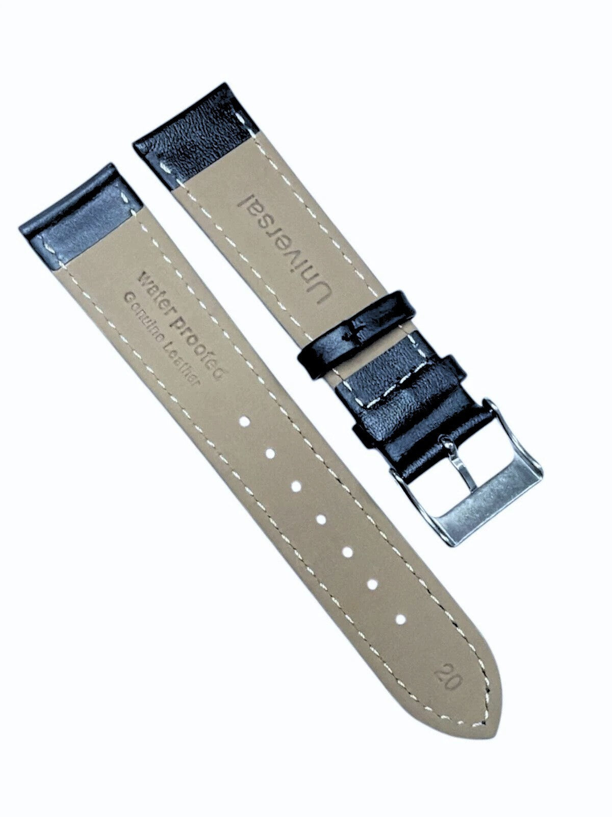 Genuine Leather Black Stitched Straight Watch Band Sizes: 14,16,18,20,22mm