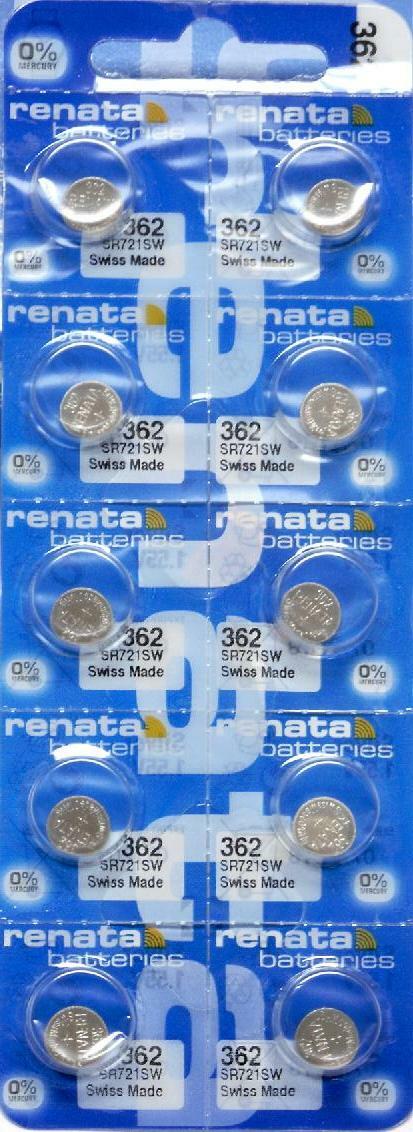 Renata 362 Watch Cell Batteries SR721SW, SWISS MADE, 0% MERCURY (Pack 10)