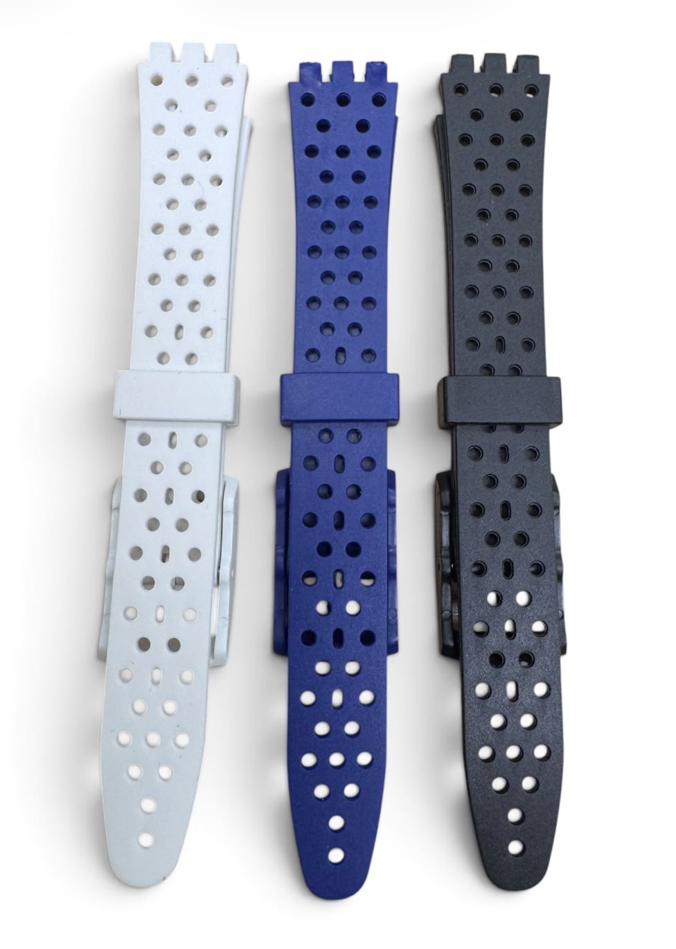 SET OF 3 12MM PVC Watch Band Flat with HOLES without pins White Black Blue