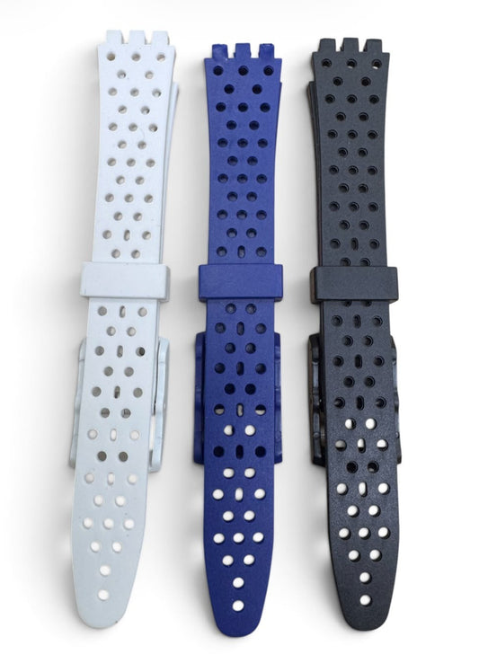 SET OF 3 12MM PVC Watch Band Flat with HOLES without pins White Black Blue
