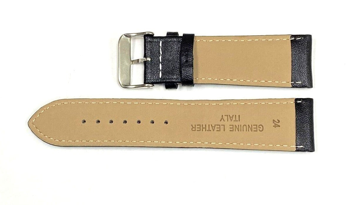 Watch Band Genuine Leather Plain PADDED With Stitches Black Color Of Size 24MM