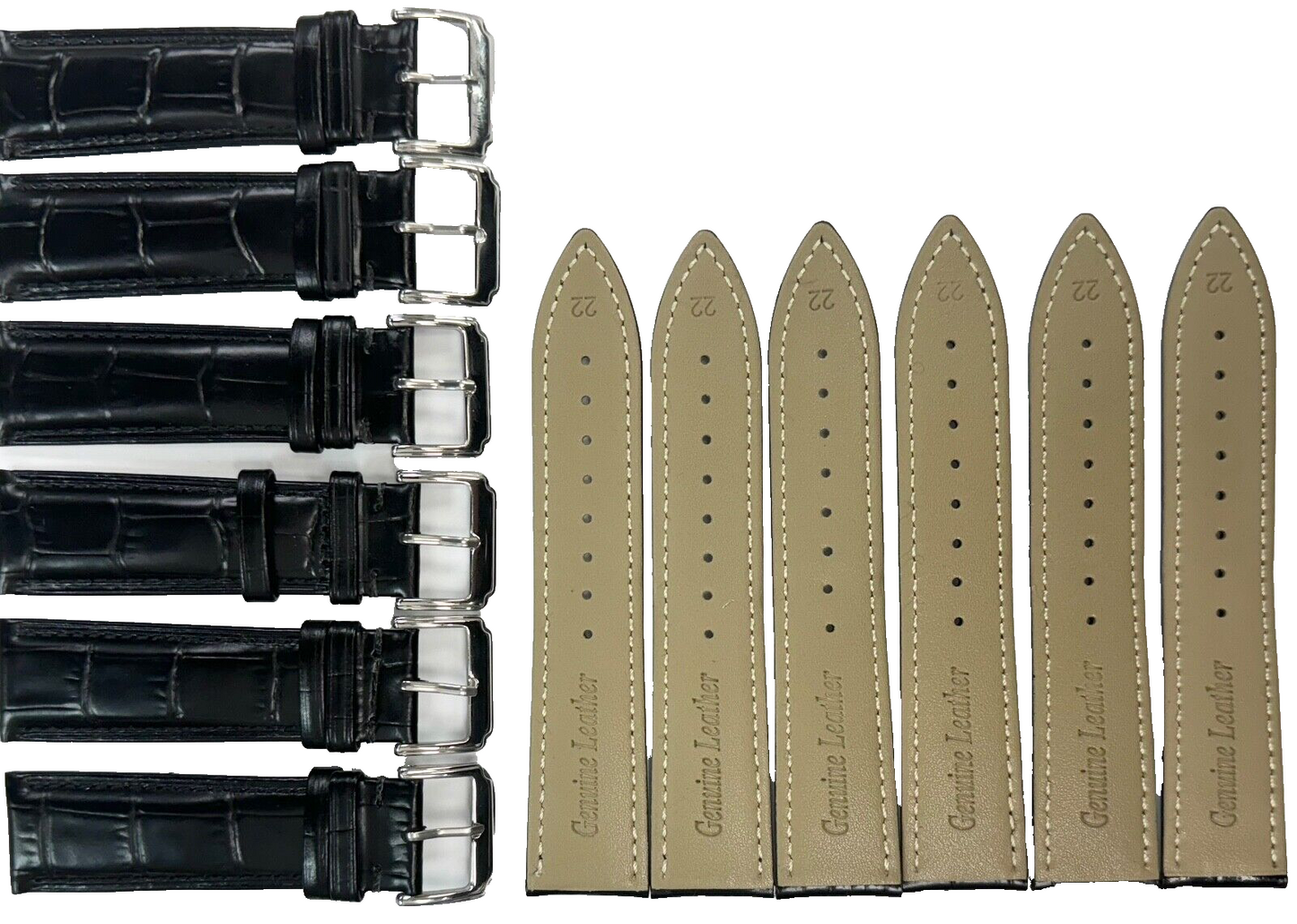 Lot of 6, 22mm Black Genuine Leather Watch Band Alligator Grains Padded