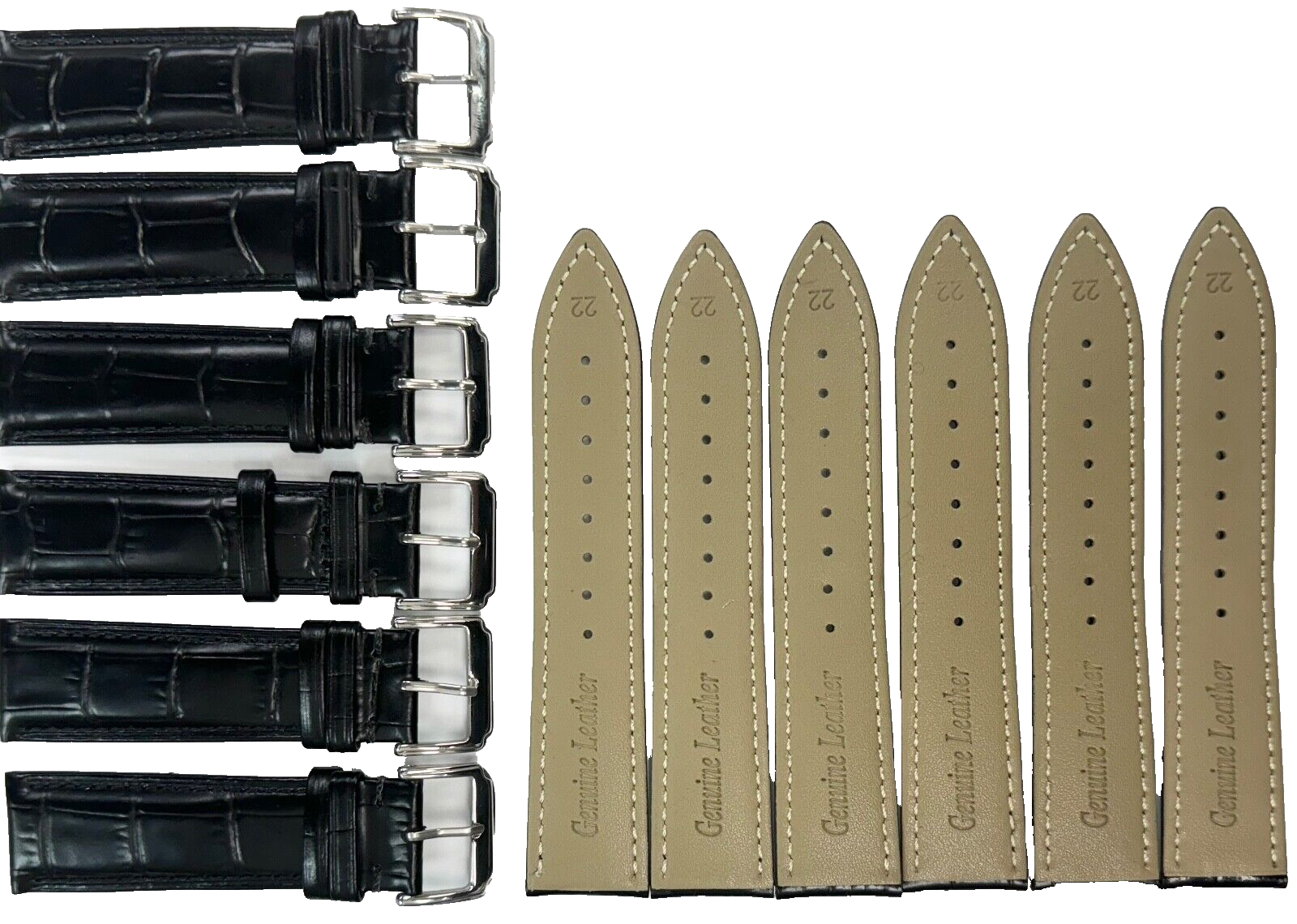 Lot of 6, 22mm Black Genuine Leather Watch Band Alligator Grains Padded