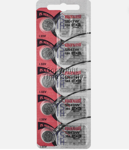 Maxell 386 Watch Cell Batteries SR43W Silver Oxide New Sealed (Pack of 5)