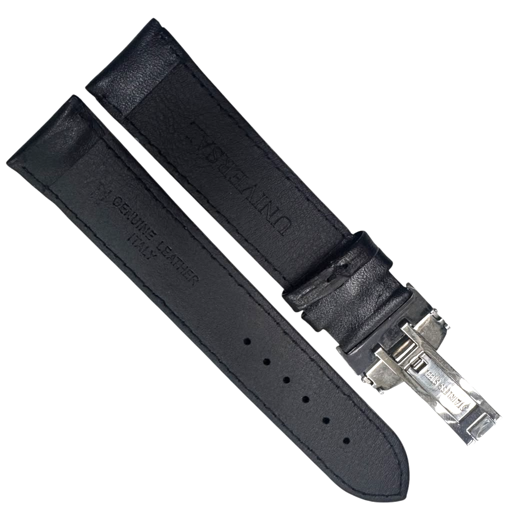 22mm BLACK Genuine Leather stitched Padded Watch Band With Deployment Buckle