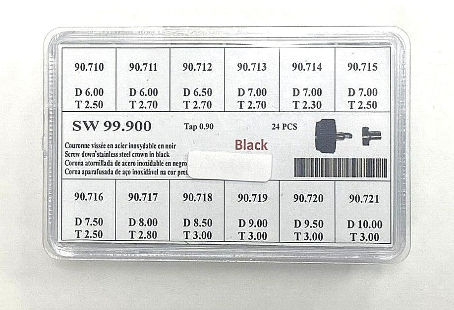 Watch Screw Crowns for Heavy Duty  BLACK, Assortment of 24Pcs. HIGH QUALITY 
