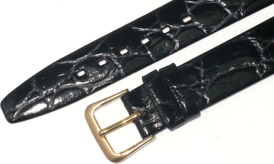 Watch Band Black Genuine Leather Crocodile Grain Flat,Slim 14mm( A1 Quality)