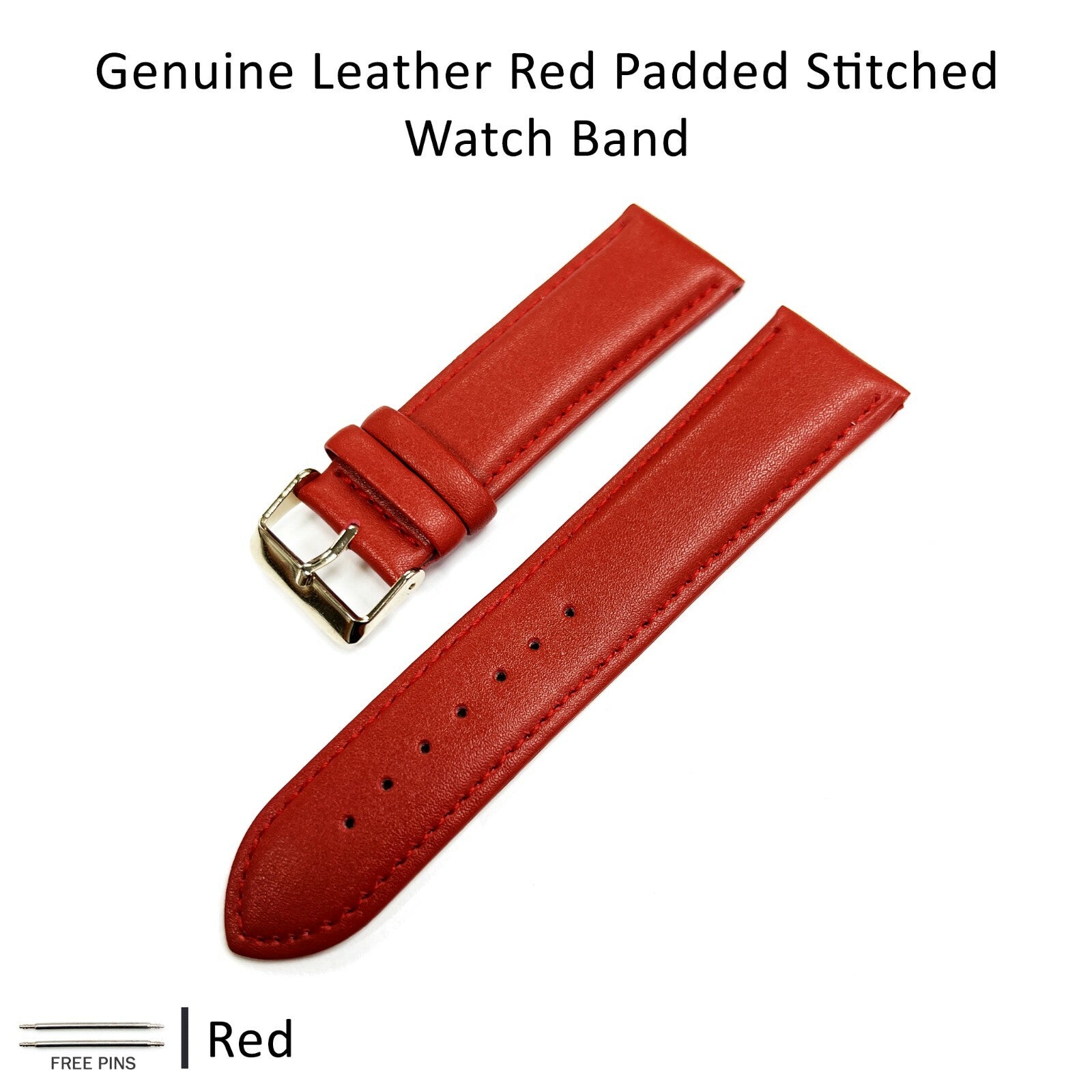 Genuine Leather Red Color Watch Band 12 MM to 30 MM Red & White Stitched