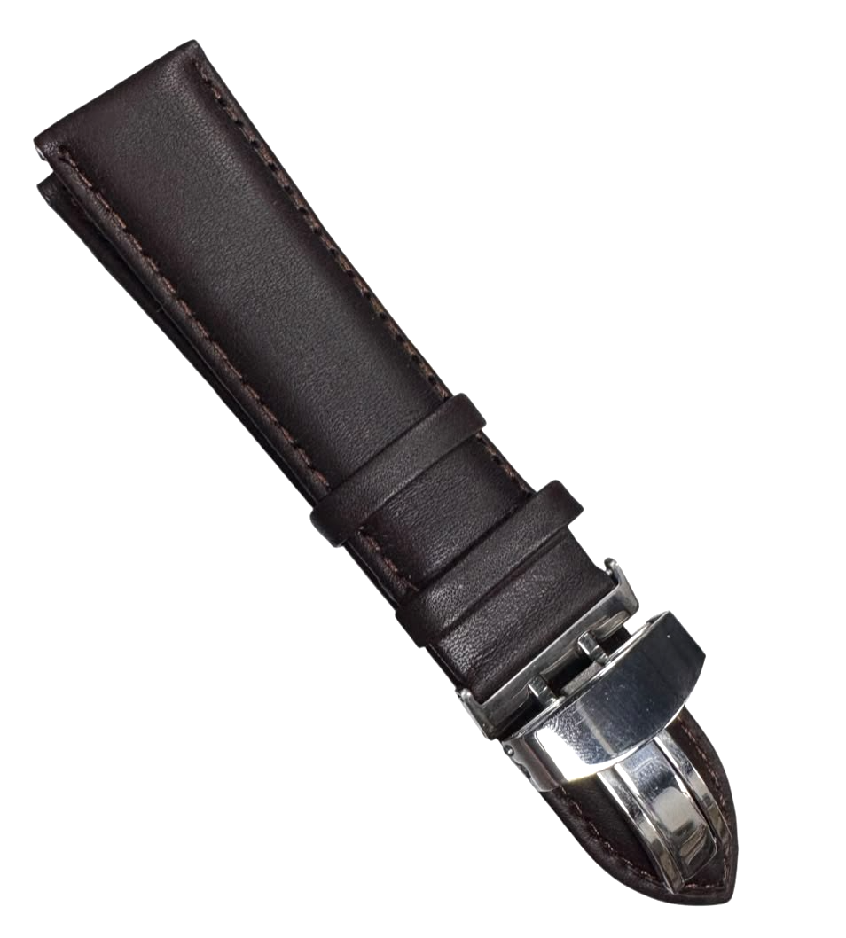 24MM Brown Genuine Leather stitched Padded Watch Band With Deployment Buckle