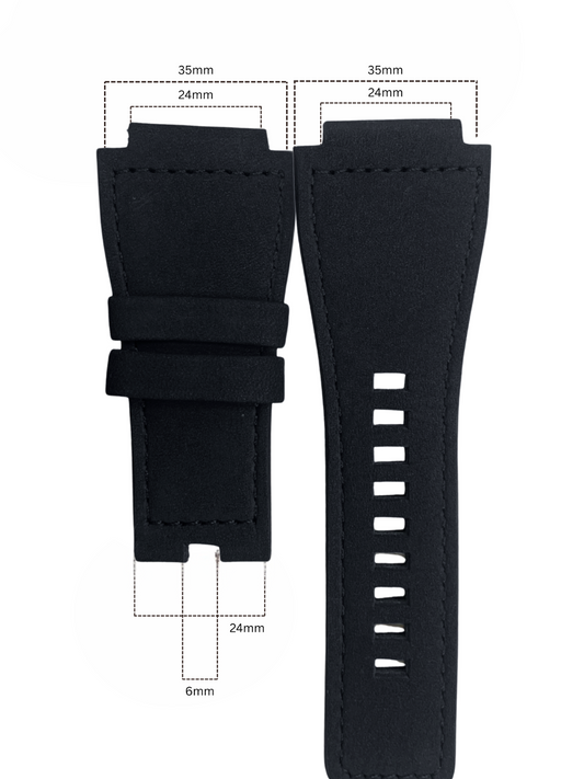 35mm Bell & Ross Style Velvet Leather Watch Strap – Black with Black Stitching