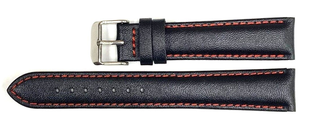 Watch Band Genuine Leather Plain PADDED With Stitches Black Color Of Size 18MM