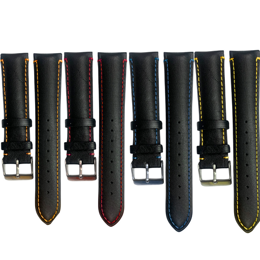 Leather Watch Band Strap,Black Multiple Colors Stitches, Sizes 18,19,20,22mm