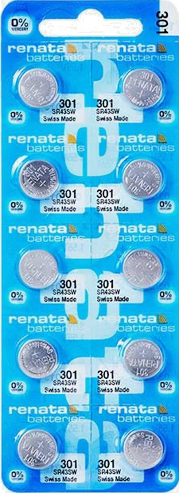 Ten (10)  Renata 301 Watch Battery SR43SW SR43 301 SWISS MADE, 0% MERCURY