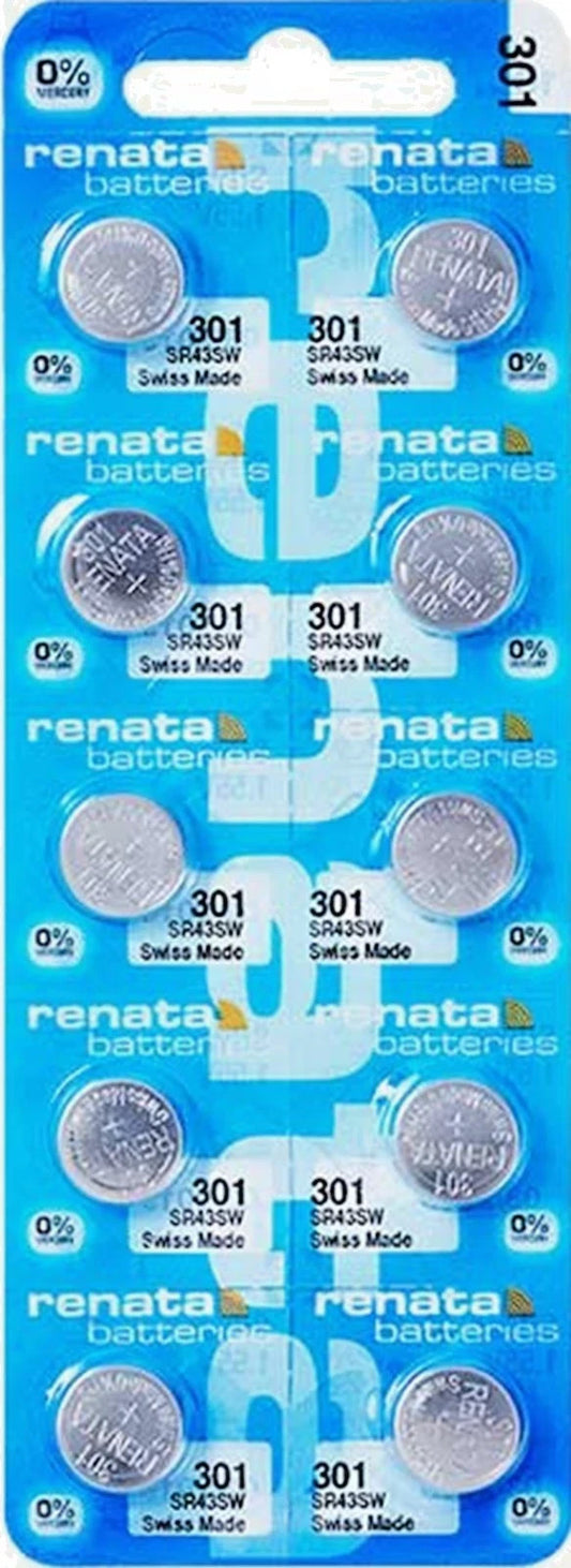 Ten (10)  Renata 301 Watch Battery SR43SW SR43 301 SWISS MADE, 0% MERCURY