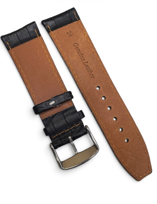24 MM Black Genuine Leather Alligator Grain Watch Band for High End Watches
