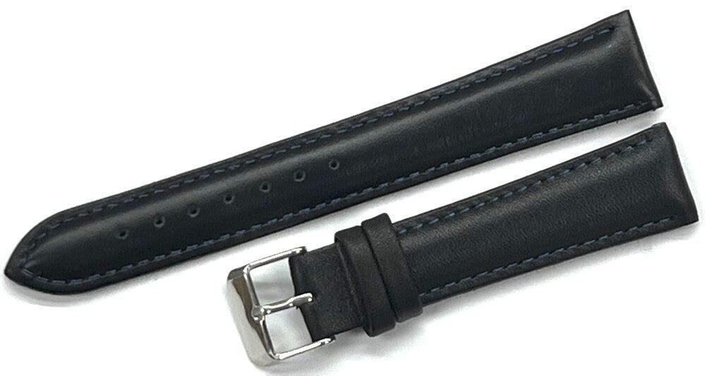 Watch Band Plain Black w/Blue Stitches Genuine Leather Padded 19mm Long