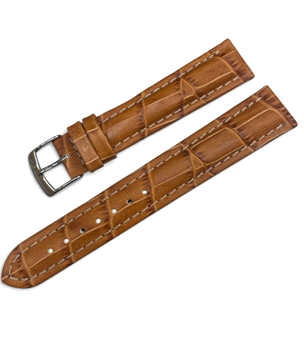 18MM TAN BROWN LEATHER ALLIGATOR GRAIN PADDED STITCHED WATCH BAND