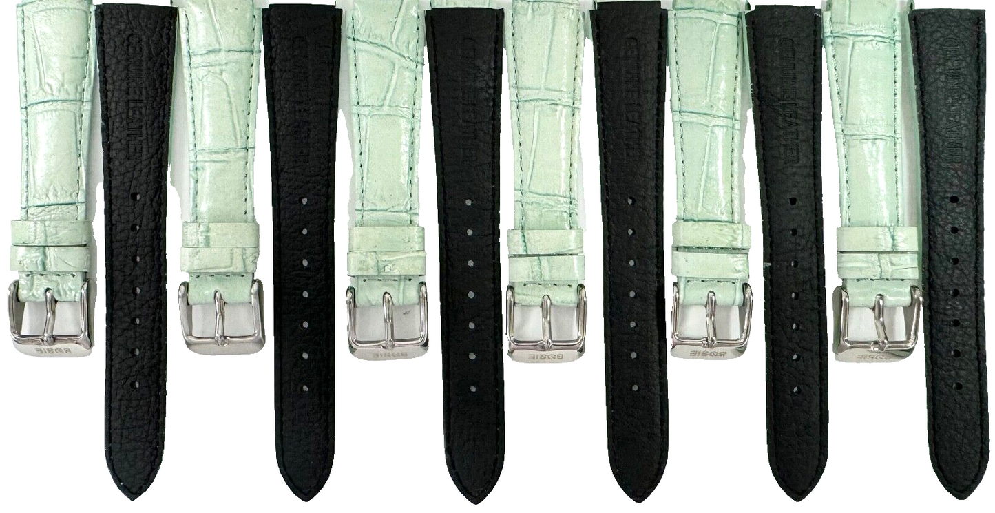 Lot of 6 Green Genuine Leather Watch Bands 15mm Alligator Grain Padded, Stitched