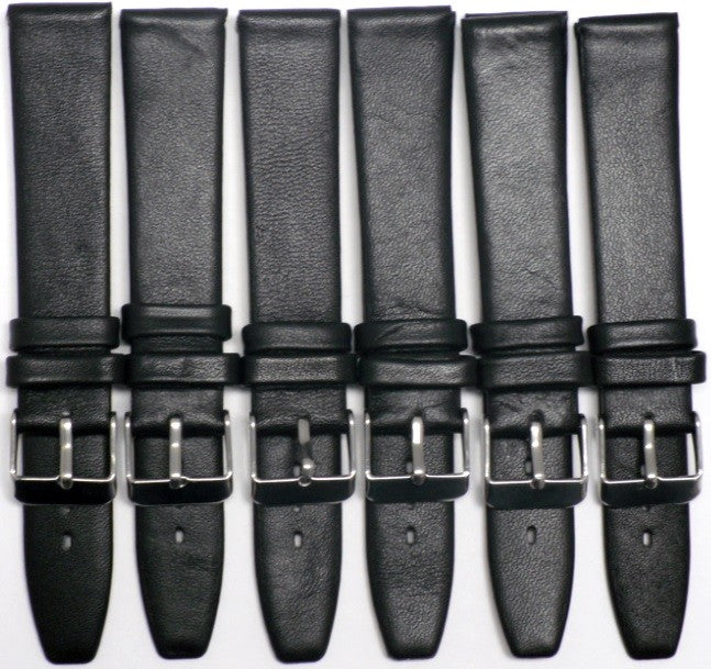 Lot of 6Pcs. Watch Bands Black Genuine Leather Slim Flat 20mm Extra Long