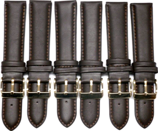 18 MM Dark Brown Genuine Leather Plain Padded Watch Band, Lot of 6 Bands