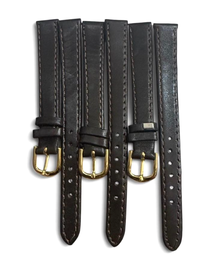 (SET OF 3) Brown 12MM FLAT LEATHER STRAP BAND FOR WATCH gold Buckle