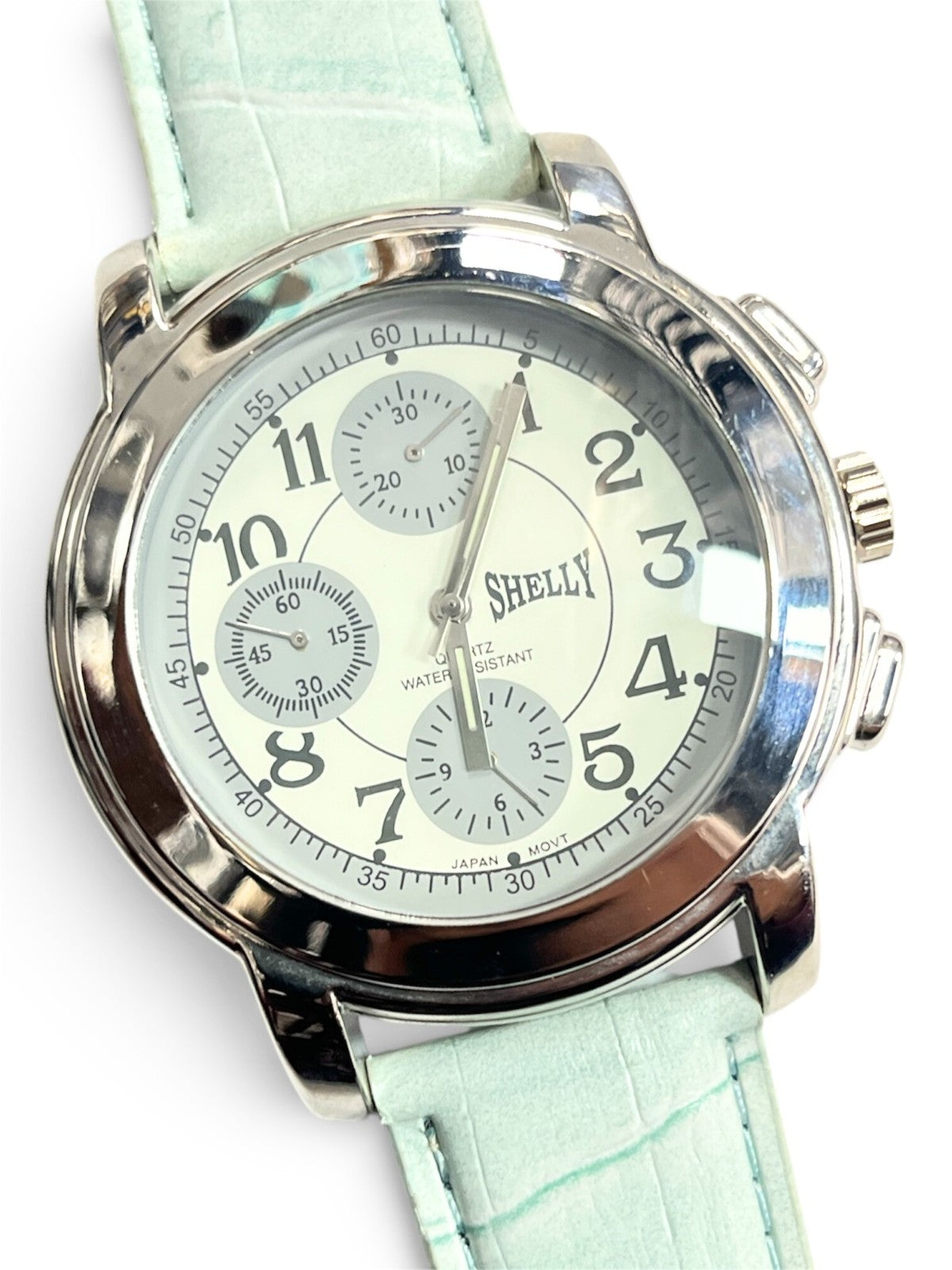SHELLY round Dial Watch Silver Tone Sky Blue Genuine Leather Band Watch