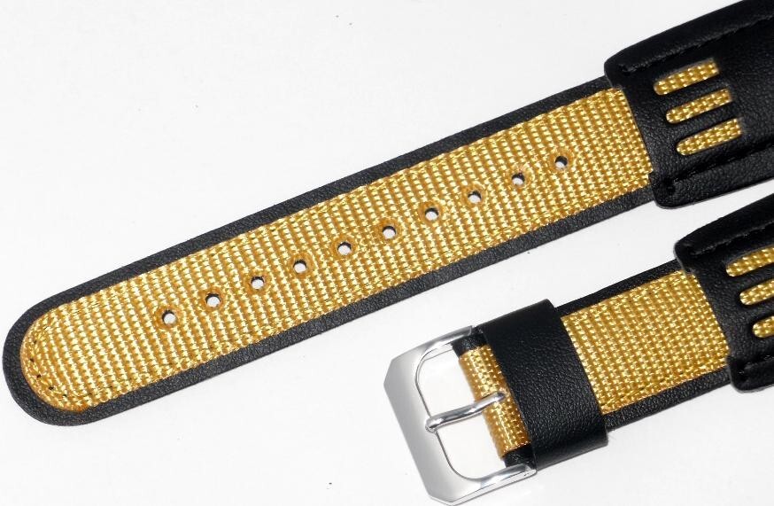 Watch Band 16mm yellow -Black Genuine  Leather -fabric fit Casio, Seiko Waatches