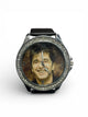 The Al Pacino Rhinestones Dial Watch Men Silver Tone Black Genuine Leather Band