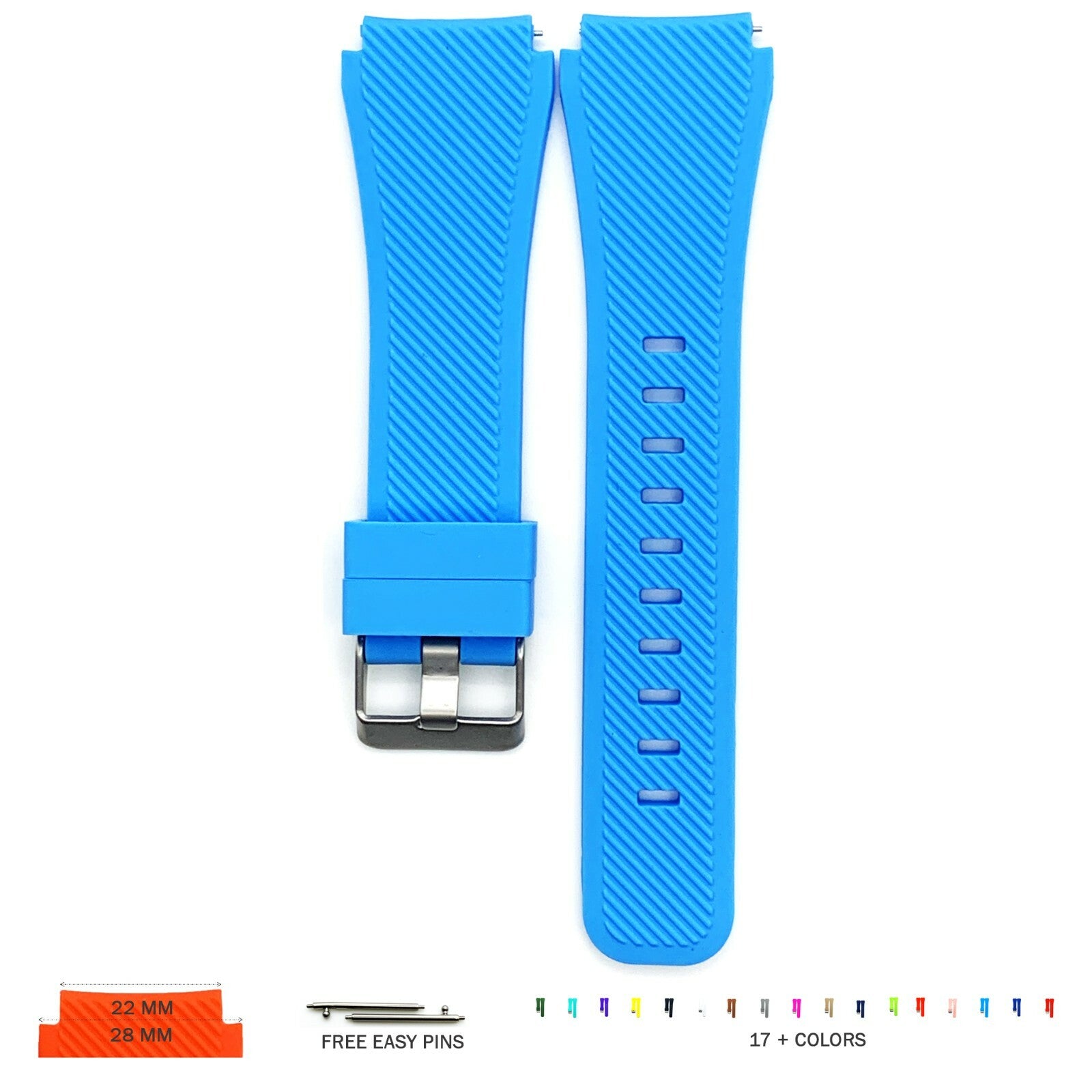 22 MM Rubber Silicone Male Opening Sports Watch Band 17 Colors Quick Release Pin