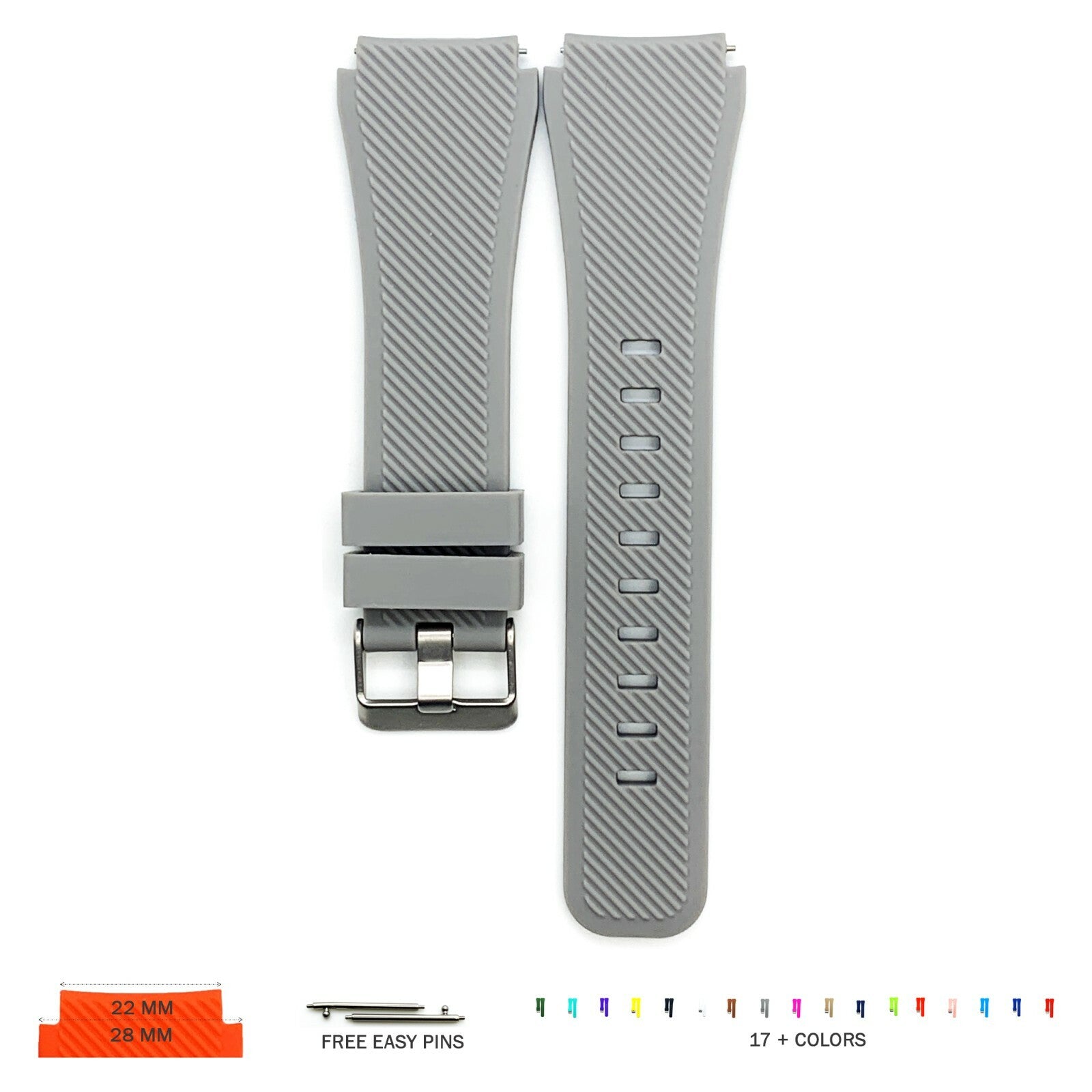 22 MM Rubber Silicone Male Opening Sports Watch Band 17 Colors Quick Release Pin