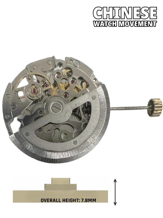Chinese Automatic Watch Movement 8N24, 3 Hands Overall Height 7.8mm