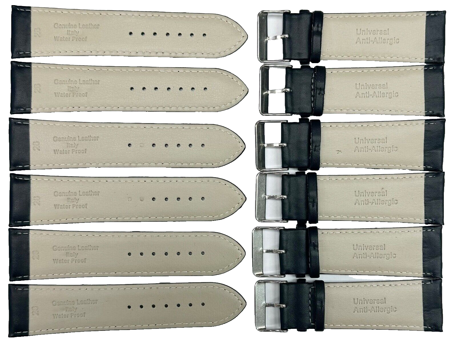 Lot of 6 Watch Bands Genuine Leather Black Grain 28mm Flat Stitches (A1 Quality)