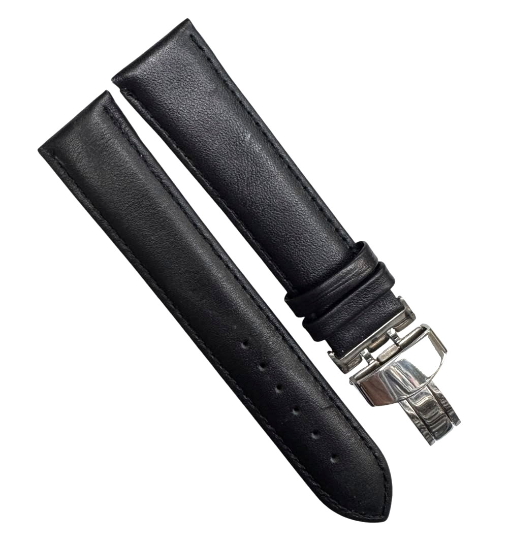 22mm BLACK Genuine Leather stitched Padded Watch Band With Deployment Buckle