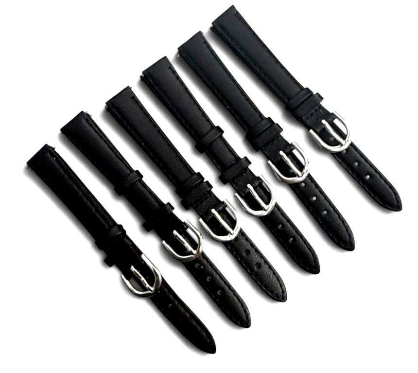 (set of 6)12mm BLACK Genuine Leather Watch Band Strap WITH PINS