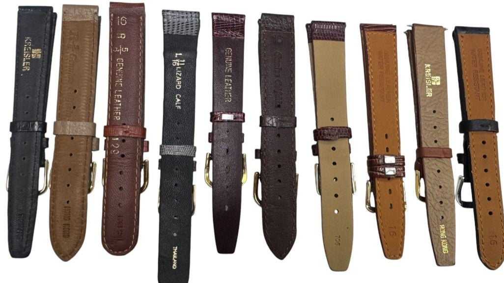 LOT OF 10 WATCH BANDS 16MM GENUINE LEATHER ALLIGATOR MIX STYLE AND COLORS